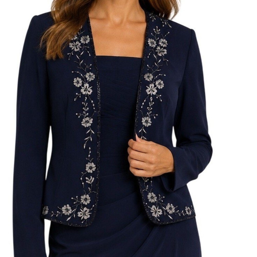 Montage by Mon Cheri Navy Blue Beaded Floral Maxi Dress And Bolero Jacket 8 - Picture 7 of 10